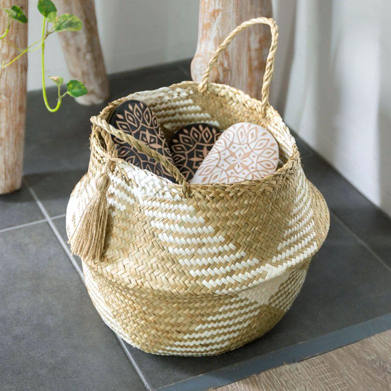 かご バスケット シーグラス製 天然素材 収納  持ち手 折り畳み 2way カゴ 籠 収納バスケット ストッカー 野菜入れ 荷物入れ 見せる収納 おもちゃ入れ 51250 | ELEMENTS（インテリア） | 02