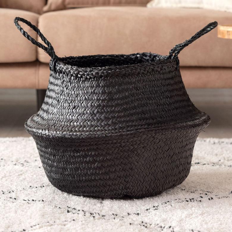 インテリア籠 バスケット かご Lサイズ 2way シーグラス ラウンド ブラック 黒