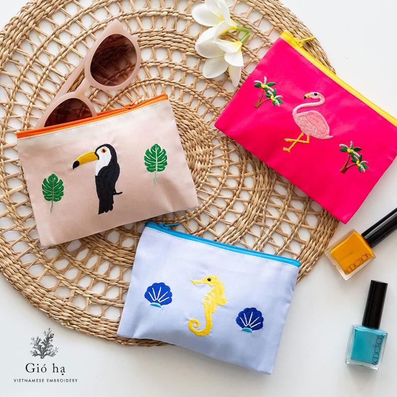 ポーチ トロピカル 南国 ベトナム 刺繍 約 W 16cm D 11cm 化粧 コスメ ジップ ケース マスク トラベル 小物 入れ かわいい 雑貨 Gio ha ジョーハ 51308 | ブランド登録なし
