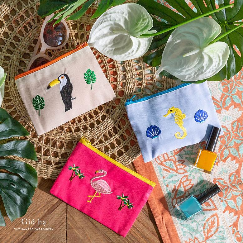 ポーチ トロピカル 南国 ベトナム 刺繍 約 W 16cm D 11cm 化粧 コスメ ジップ ケース マスク トラベル 小物 入れ かわいい 雑貨 Gio ha ジョーハ 51308 | ブランド登録なし | 22