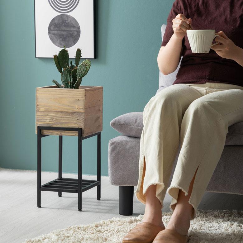 プランター スタンド 脚付き アイアン 木製 パイン材 ショート 正方形 5号鉢対応 約 W 20cm D 22.8cm H 45.4cm ボタニーク Botanique シェルフ カバー g-51 | ELEMENTS（インテリア） | 02