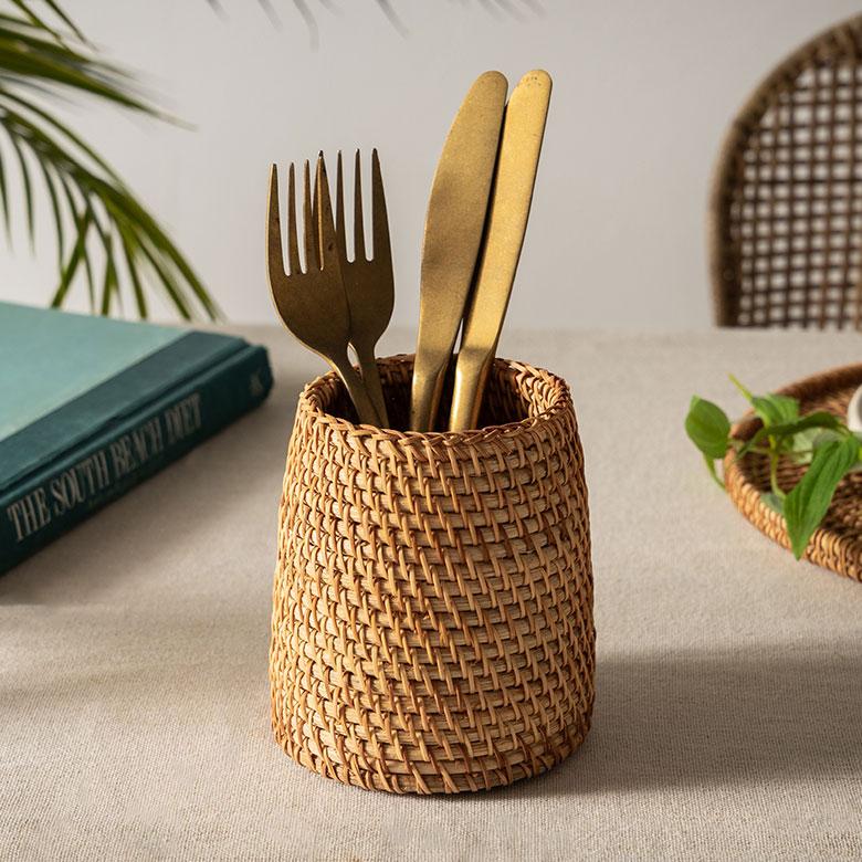 カトラリー スタンド ラタン 籐 約 高さ 12cm 収納 ペン 立て 入れ リモコン フォーク ナイフ 箸 花瓶 おしゃれ 北欧 リゾート 雑貨 インテリア 西海岸 51344 | ELEMENTS（インテリア）