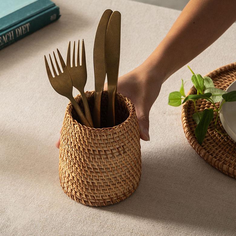 カトラリー スタンド ラタン 籐 約 高さ 12cm 収納 ペン 立て 入れ リモコン フォーク ナイフ 箸 花瓶 おしゃれ 北欧 リゾート 雑貨 インテリア 西海岸 51344 | ELEMENTS（インテリア） | 07