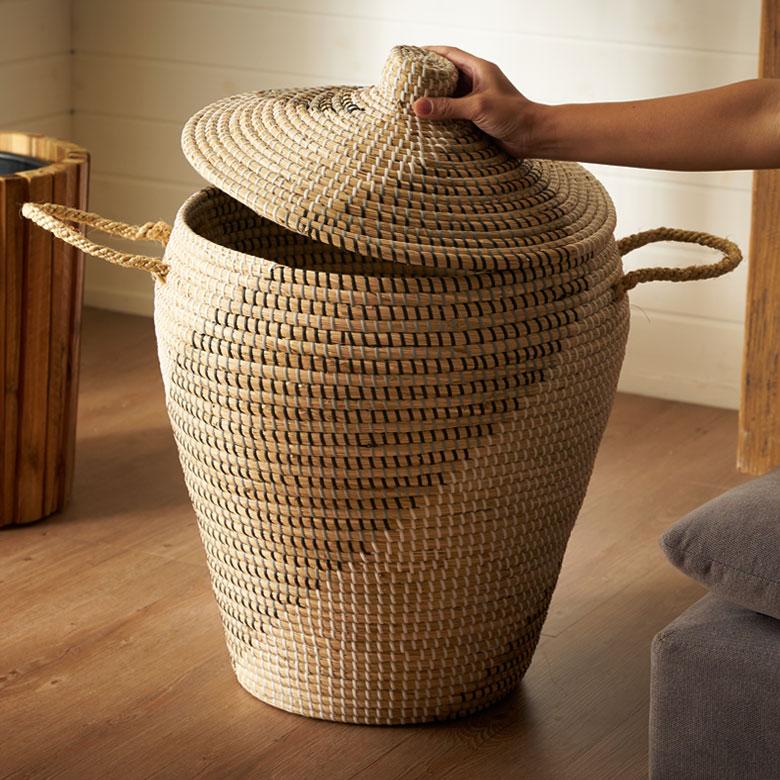 バスケット ふた 持ち手 付き かご シーグラス 高さ 60cm 収納 セネガル ダスト ボックス 荷物 入れ おしゃれ 北欧  リゾート 雑貨 インテリア 西海岸 51354 | ELEMENTS（インテリア）