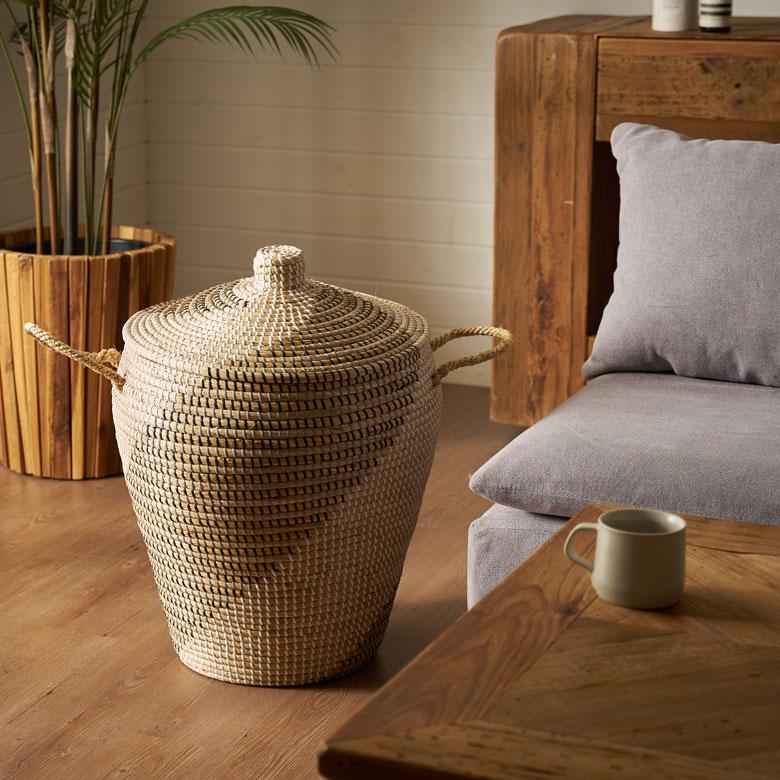 バスケット ふた 持ち手 付き かご シーグラス 高さ 60cm 収納 セネガル ダスト ボックス 荷物 入れ おしゃれ 北欧  リゾート 雑貨 インテリア 西海岸 51354 | ELEMENTS（インテリア） | 17