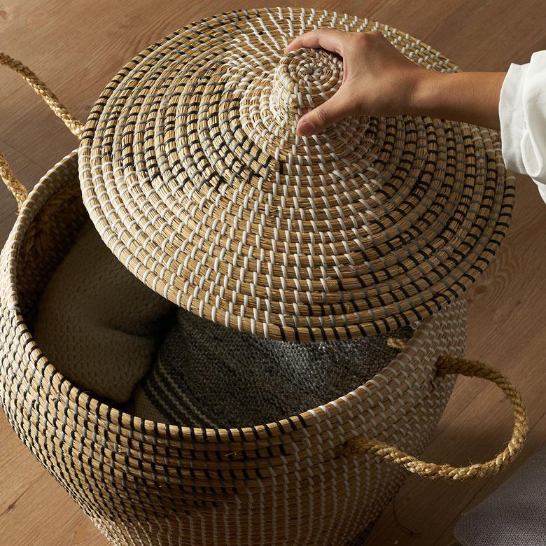バスケット ふた 持ち手 付き かご シーグラス 高さ 60cm 収納 セネガル ダスト ボックス 荷物 入れ おしゃれ 北欧  リゾート 雑貨 インテリア 西海岸 51354 | ELEMENTS（インテリア） | 18