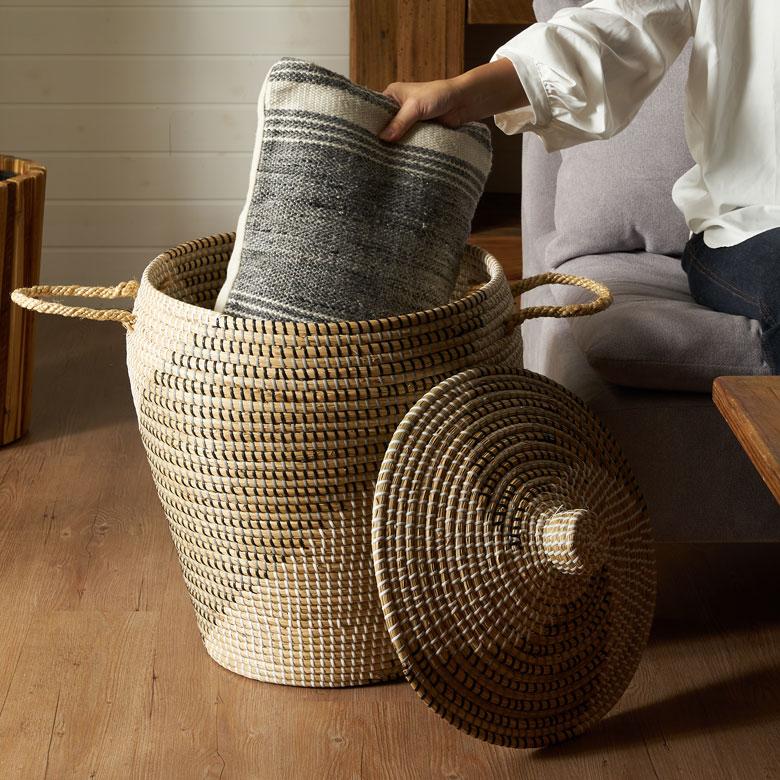 バスケット ふた 持ち手 付き かご シーグラス 高さ 60cm 収納 セネガル ダスト ボックス 荷物 入れ おしゃれ 北欧  リゾート 雑貨 インテリア 西海岸 51354 | ELEMENTS（インテリア） | 02