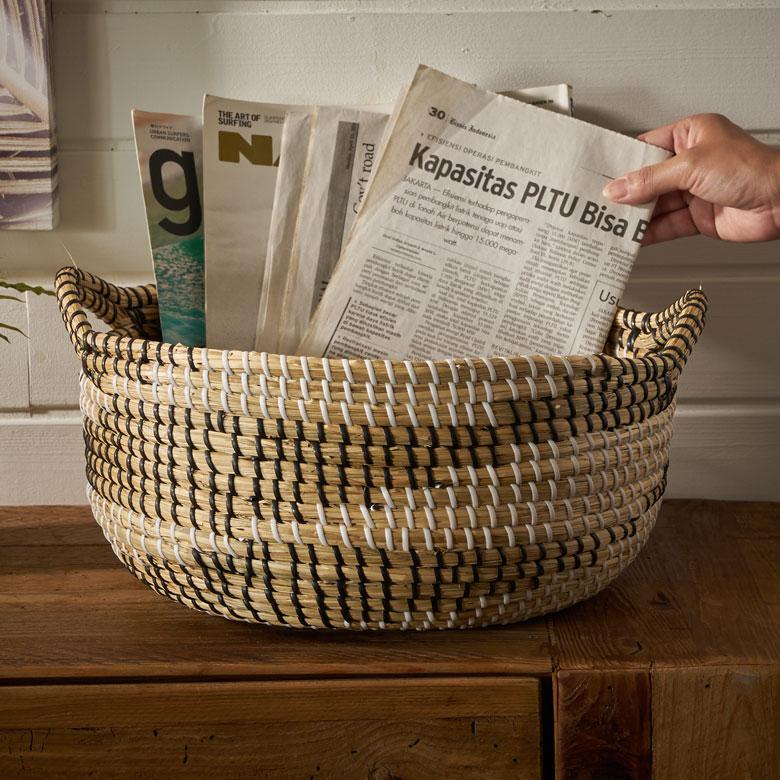 バスケット 持ち手 付き かご シーグラス 高さ 20cm 収納 セネガル ランドリー 洗濯物 荷物 入れ おしゃれ 北欧  リゾート 雑貨 インテリア 西海岸 51356 | ELEMENTS（インテリア）