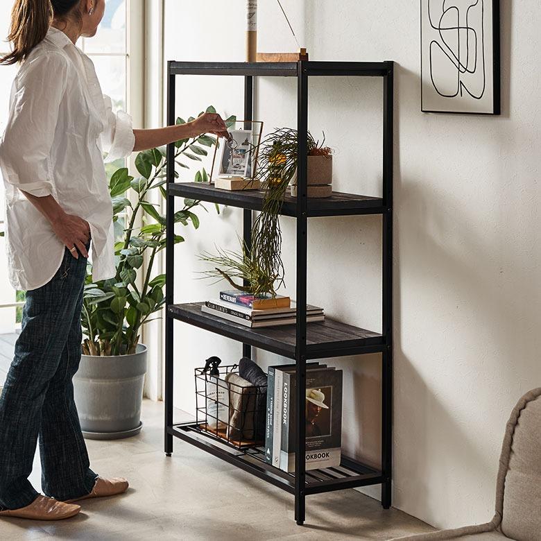 ELEMENTS（インテリア） オープンラック 4段 木製 アイアン 幅