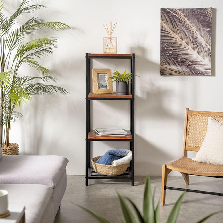 シェルフ 棚 ラック 天然木製 オープンシェルフ オープンラック 4段  アイアンフレーム スチールスリム 無垢材 メタルラック スチールラック 63040 | ELEMENTS（インテリア） | 09