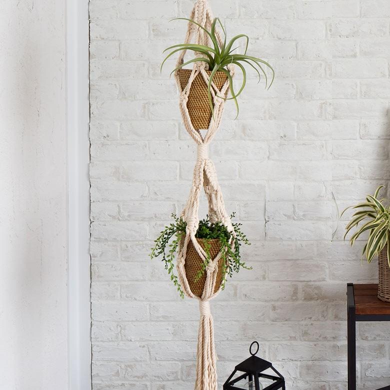 ハンギングプランター プランツハンガー マクラメハンギング コットンロープ ダブルタイプ 西海岸 男前 64730 | ブランド登録なし