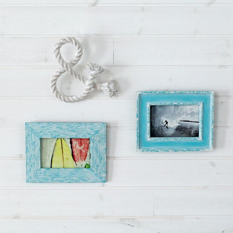フォトフレーム 写真立て 壁掛け 縦置き 横置き アンティーク加工 ビーチ ブルー 西海岸 マリン 水色 男前 64830 | ブランド登録なし | 02