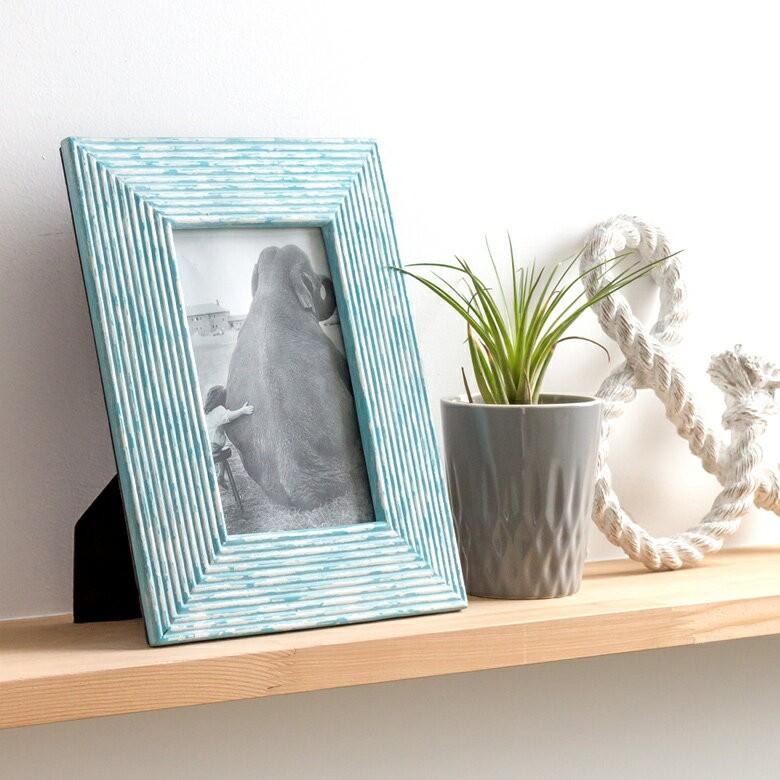 フォトフレーム 写真立て 壁掛け 縦置き 横置き アンティーク加工 ビーチ ブルー 西海岸 マリン 水色 男前 64830 | ブランド登録なし | 03