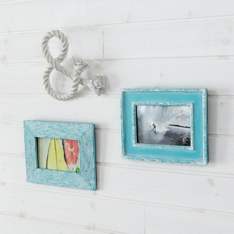 フォトフレーム 写真立て 壁掛け 縦置き 横置き アンティーク加工 ビーチ ブルー 西海岸 マリン 水色 男前 64840 | ブランド登録なし | 02