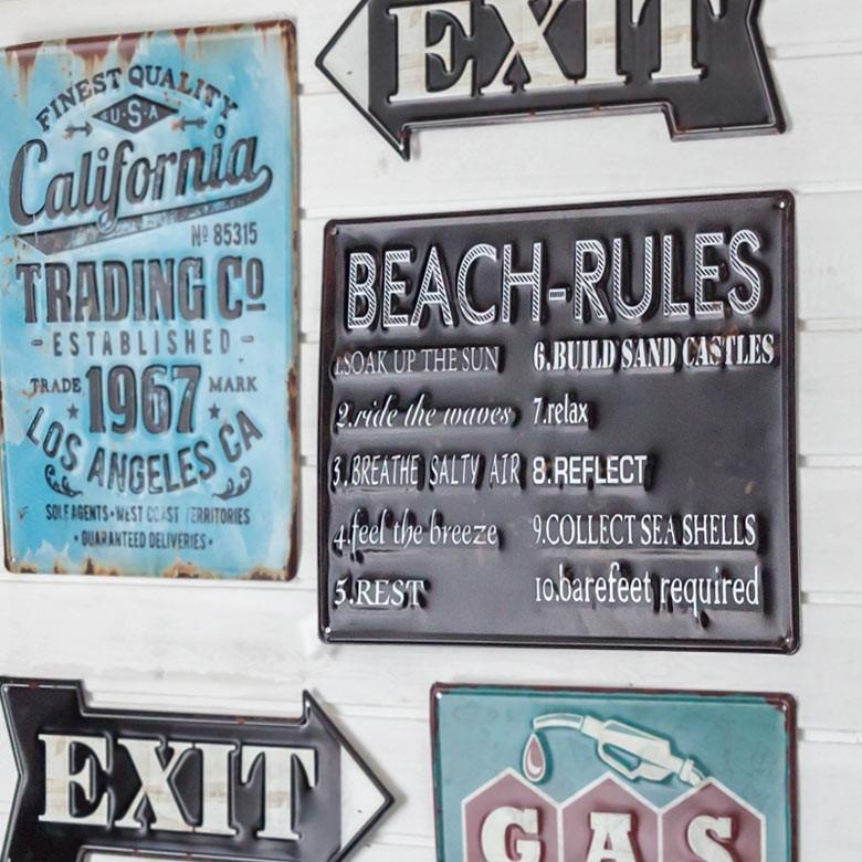 サインボード サインプレート 看板 ヴィンテージ風 BEACH RULES TINプレート 壁掛け 西海岸 ブルックリン 男前 ウィールデコレーション 65200 | ELEMENTS（インテリア） | 01