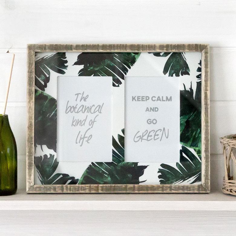 写真立て フォトフレーム ボタニカル柄 壁掛け リーフ モチーフ 写真 2枚 木枠 木製 ガラス 西海岸 男前 65330 | ブランド登録なし