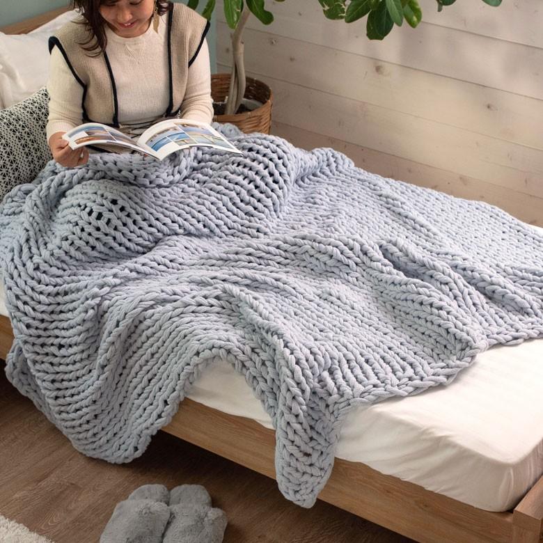 ブランケット 膝掛け ひざ掛け 約140×200cm 大判 ペールブルー 手編み チャンキーニット 毛布 ローゲージニット もこもこ ポンチョ 冬 66532-ig | ブランド登録なし | 10