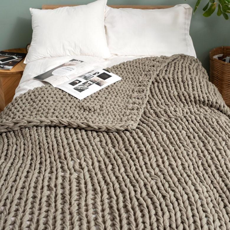 ブランケット 膝掛け ひざ掛け 約140×200cm 大判 カーキグレー 手編み チャンキーニット 毛布 ローゲージニット もこもこ ポンチョ 冬 66532-mo | ブランド登録なし | 02