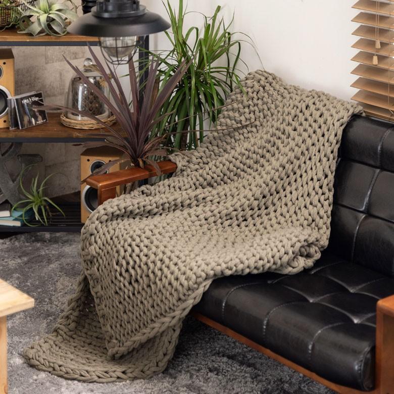 ブランケット 膝掛け ひざ掛け 約140×200cm 大判 カーキグレー 手編み チャンキーニット 毛布 ローゲージニット もこもこ ポンチョ 冬 66532-mo | ブランド登録なし | 03