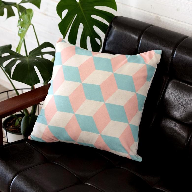 クッションカバー 約45×45cm 正方形 ソファークッション ベッドクッション ピンク ブルー 幾何柄 フェミニン 西海岸 ハワイ リゾート おしゃれ 66577 | ブランド登録なし | 08