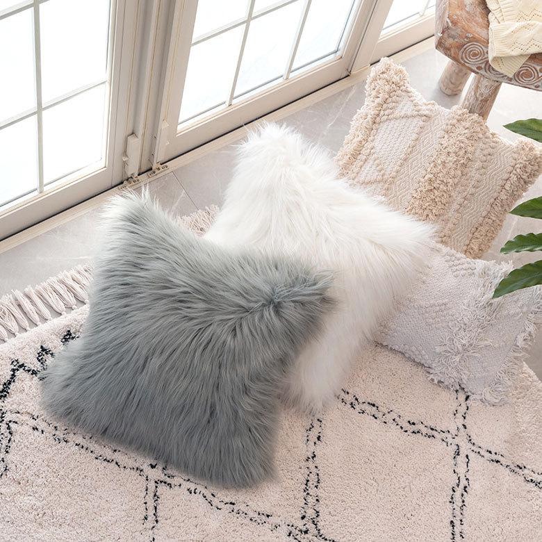 クッションカバー 約45×45cm ロングファー 正方形 グレー シンプル 上品 華やか 北欧 おしゃれ ファスナー付き 6668 | ブランド登録なし | 17