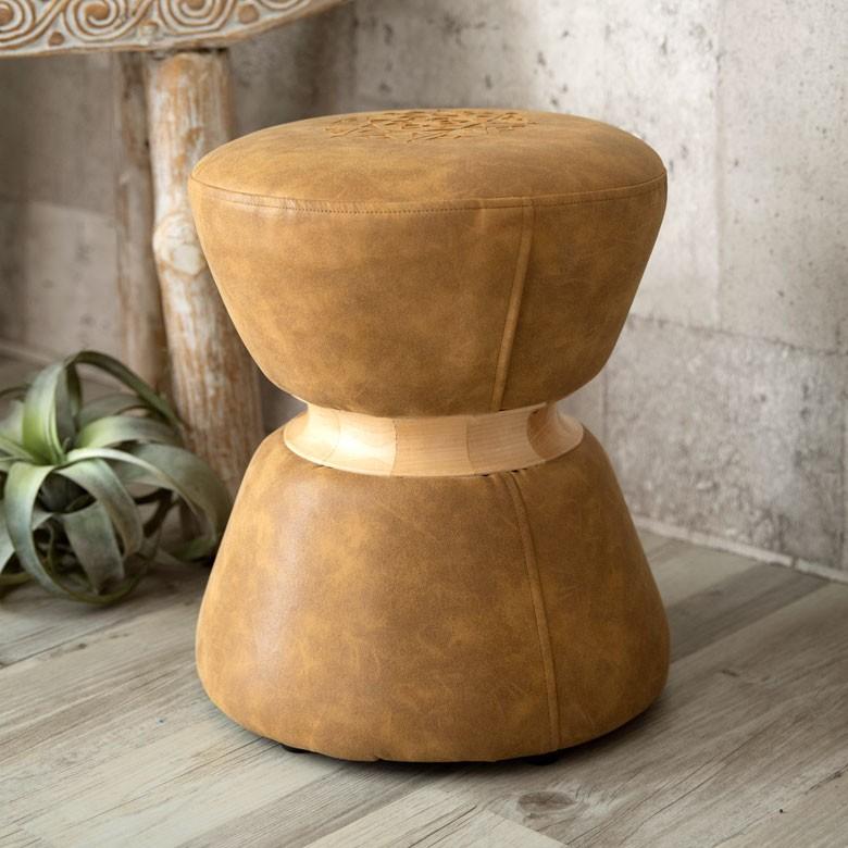 スツール 椅子 丸型 オットマン 足置き 天然木製 合皮レザー キャメル 丸椅子 おしゃれ アンティーク風 66724 | ブランド登録なし | 16