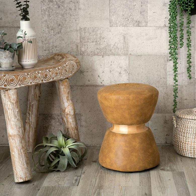 スツール 椅子 丸型 オットマン 足置き 天然木製 合皮レザー キャメル 丸椅子 おしゃれ アンティーク風 66724 | ブランド登録なし | 09