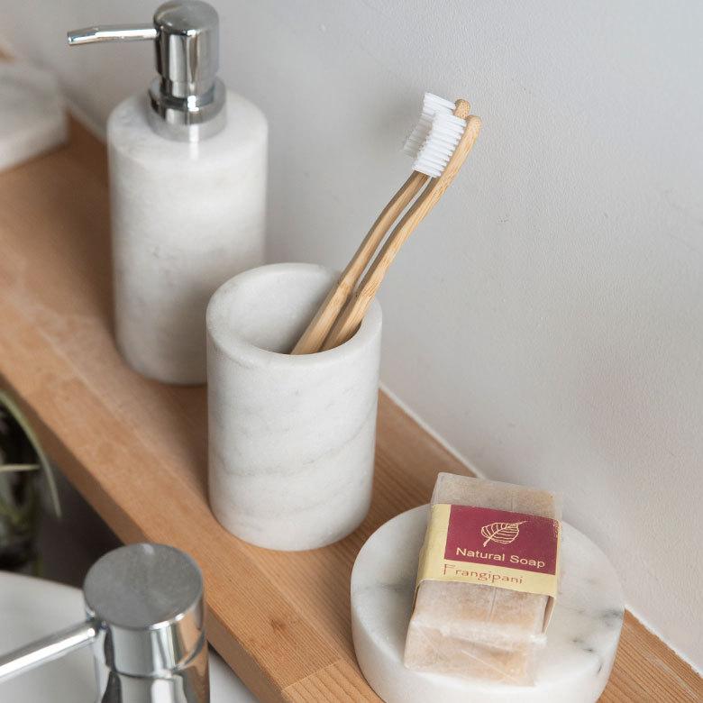 歯ブラシスタンド ホルダー 筒形 天然大理石 マーブル柄 ホワイト
