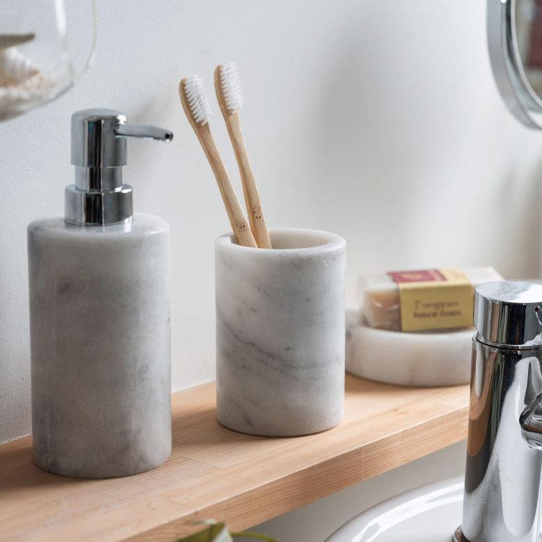 歯ブラシスタンド ホルダー 筒形 天然大理石 マーブル柄 ホワイト