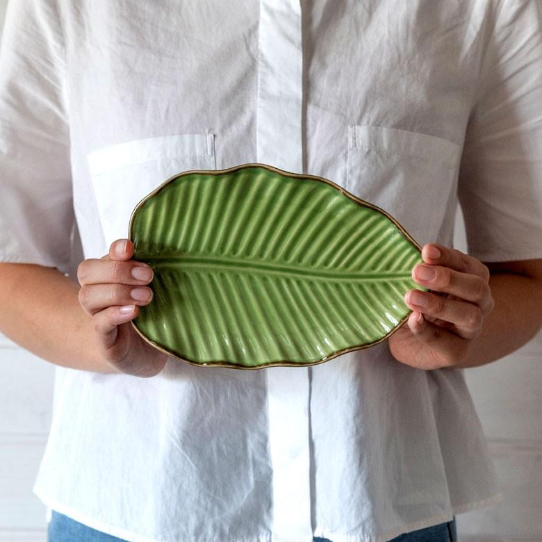 プレート 陶器 バナナリーフ柄 取り皿 約19cm グリーン 食器 キッチン雑貨 アジアン エスニック 66808 | ブランド登録なし | 04