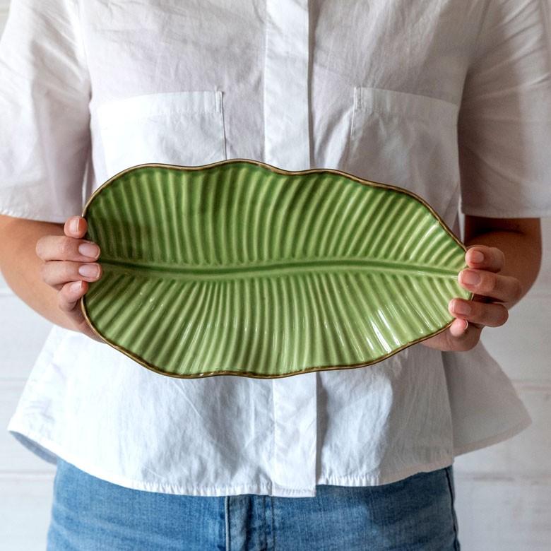 プレート 陶器 バナナリーフ柄 盛り皿 飾り皿 約25.5cm グリーン 食器 キッチン雑貨 アジアン エスニック 66809 | ブランド登録なし | 04