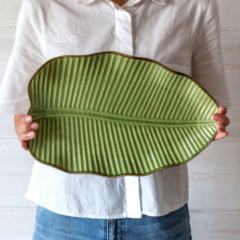 プレート 陶器 バナナリーフ柄 大皿 盛り皿 飾り皿 約33.9cm グリーン 食器 キッチン雑貨 アジアン エスニック 66810 | ブランド登録なし | 04