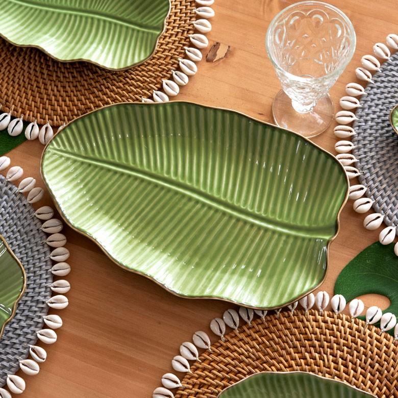 プレート 陶器 バナナリーフ柄 大皿 盛り皿 飾り皿 約33.9cm グリーン 食器 キッチン雑貨 アジアン エスニック 66810 | ブランド登録なし | 09
