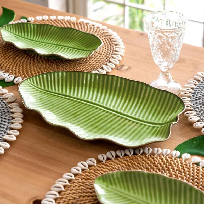 プレート 陶器 バナナリーフ柄 大皿 盛り皿 飾り皿 セット 【1枚/2枚/5枚/10枚】 約33.9cm グリーン 食器 キッチン雑貨 アジアン エスニック 66810 | ブランド登録なし | 03