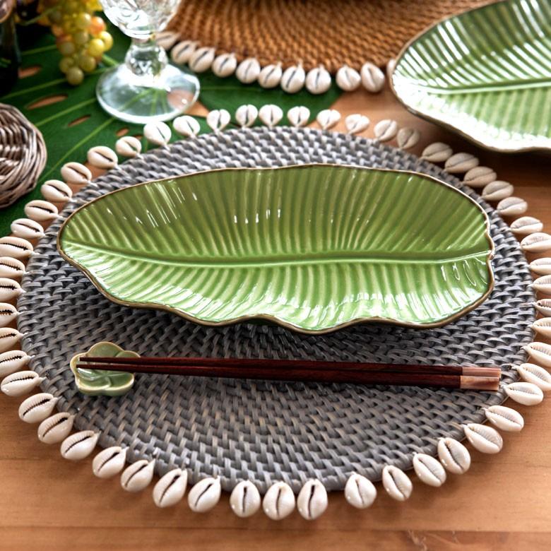 プレート 陶器 バナナリーフ柄 盛り皿 飾り皿 セット 【1枚/2枚/5枚/10枚】 約25.5cm グリーン 食器 キッチン雑貨 アジアン エスニック 66809 | ブランド登録なし | 03