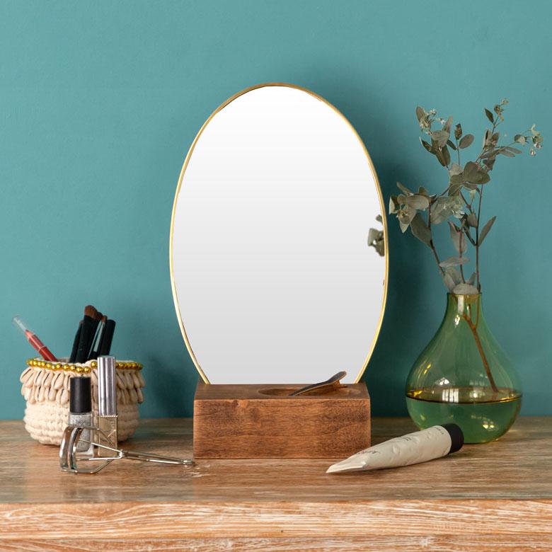 卓上ミラー 楕円形 オーバル型 鏡 真鍮フレーム 天然木 角度調整可 アンティーク調 化粧鏡 おしゃれ メイク 66900 | ELEMENTS（インテリア） | 09