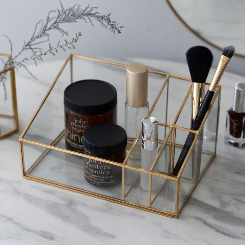 ブラシ スタンド コスメ ガラス 真鍮 5分割 収納 ボックス メイク アクセサリー アンティーク 風 ディスプレイ おしゃれ 北欧  雑貨 インテリア 西海岸 67070 | ブランド登録なし