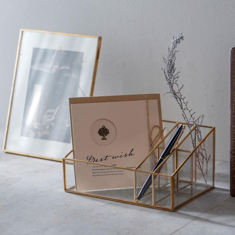 ブラシ スタンド コスメ ガラス 真鍮 5分割 収納 ボックス メイク アクセサリー アンティーク 風 ディスプレイ おしゃれ 北欧  雑貨 インテリア 西海岸 67070 | ブランド登録なし | 12