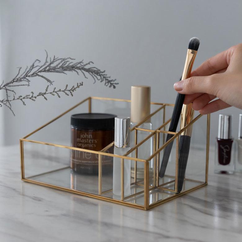 ブラシ スタンド コスメ ガラス 真鍮 5分割 収納 ボックス メイク アクセサリー アンティーク 風 ディスプレイ おしゃれ 北欧  雑貨 インテリア 西海岸 67070 | ブランド登録なし | 07
