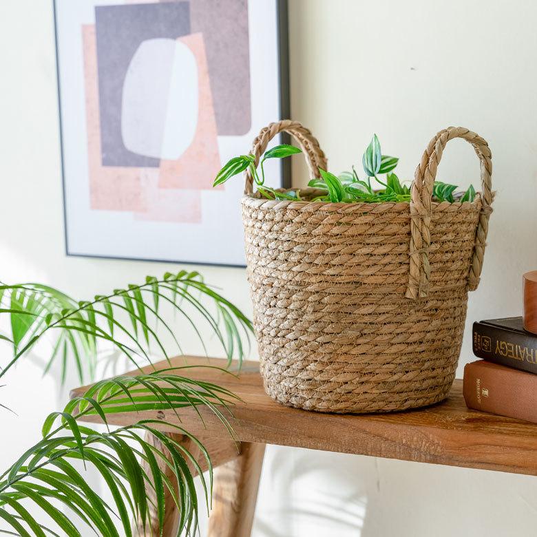 プランター カバー 植木 鉢 バスケット 持ち手付 い草 Sサイズ  [67084]【 5号 6.5号 入れ カバー ポット かご 観葉植物 北欧 おしゃれ  西海岸 インテリア 】 | ブランド登録なし | 08