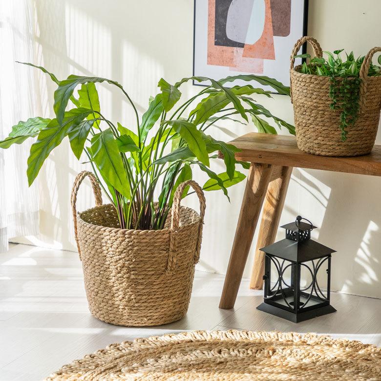 プランター カバー 植木 鉢 バスケット 持ち手付 い草 Lサイズ  [67086]【 8号 9号 入れ カバー ポット かご 観葉植物 北欧 おしゃれ  西海岸 インテリア 】 | ブランド登録なし | 08