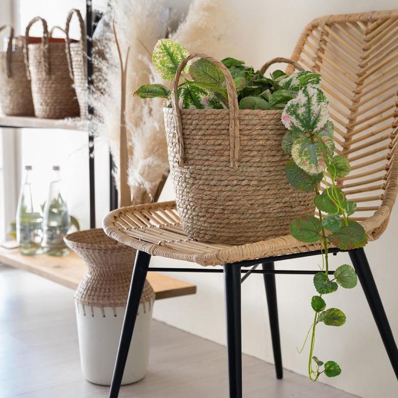 プランター カバー 植木 鉢 バスケット 持ち手付 い草 Lサイズ  [67086]【 8号 9号 入れ カバー ポット かご 観葉植物 北欧 おしゃれ  西海岸 インテリア 】 | ブランド登録なし | 09