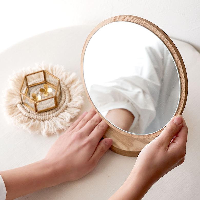 卓上 ミラー  鏡 木製 円形 丸型 角度調節 スタンド 化粧 立て掛け メイク 置き テーブル 玄関 トイレ 洗面所 ホテル用 かわいい シンプル ナチュラル 67105 | ELEMENTS（インテリア） | 02