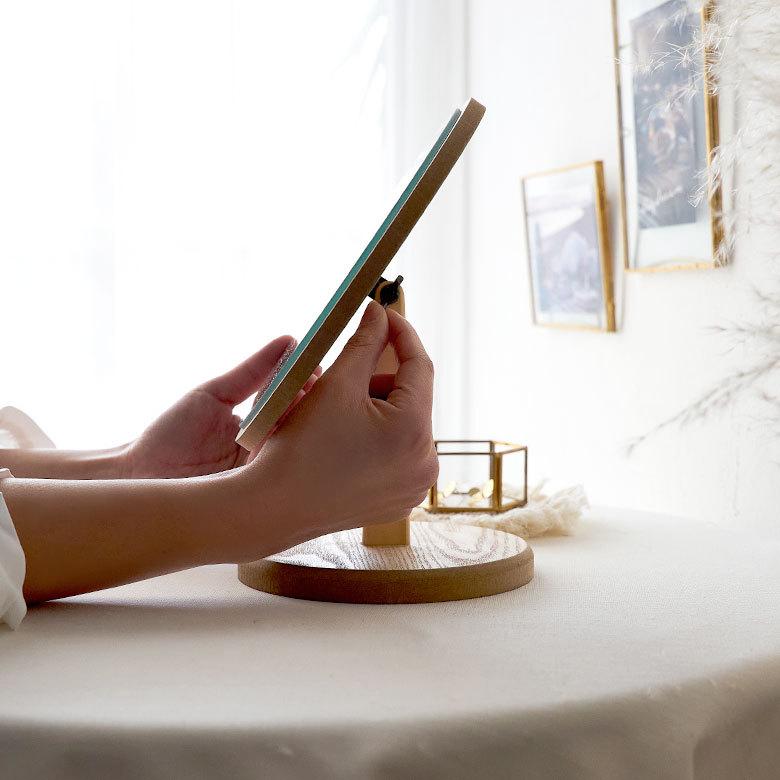 卓上 ミラー  鏡 木製 円形 丸型 角度調節 スタンド 化粧 立て掛け メイク 置き テーブル 玄関 トイレ 洗面所 ホテル用 かわいい シンプル ナチュラル 67105 | ELEMENTS（インテリア） | 04