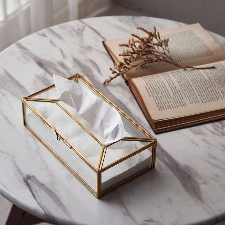 ティッシュ ケース ボックス ガラス 真鍮 ふた 付 約 W 22cm D 11.5cm H 6.2cm カバー 滑り止め 卓上 収納 アンティーク 風 おしゃれ 北欧 雑貨 西海岸 67110 | ELEMENTS（インテリア） | 12