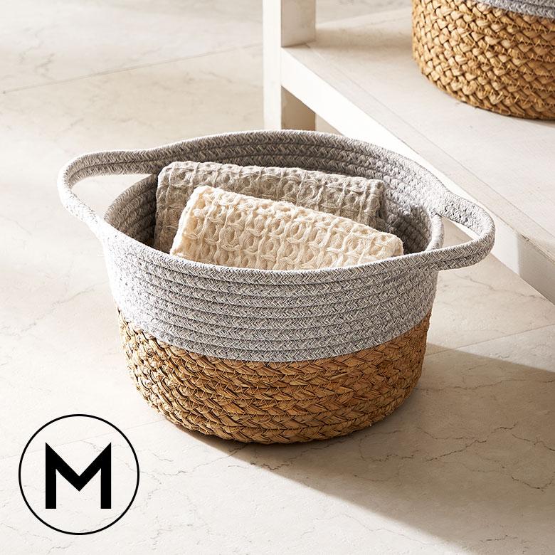 バスケット コットン ラッシュ製 持ち手付き Mサイズ かご 収納 丸型 プランター カバー 鉢 6号鉢対応 インテリア おしゃれ 北欧 西海岸 韓国 67120 | ELEMENTS（インテリア）