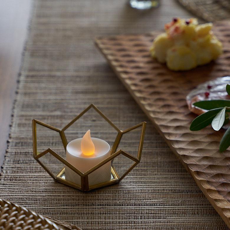 ELEMENTS キャンドル ホルダー 鏡 ガラス 真鍮 ゴールド 直径9cm