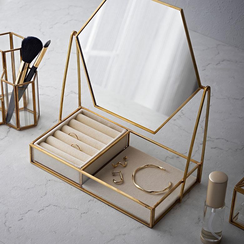 ミラー アクセサリー ケース 六角形 鏡 収納 ガラス 真鍮 ジュエリー ボックス 置き ディスプレイ おしゃれ 北欧 リゾート 雑貨 インテリア 西海岸 67151 | ELEMENTS（インテリア） | 10
