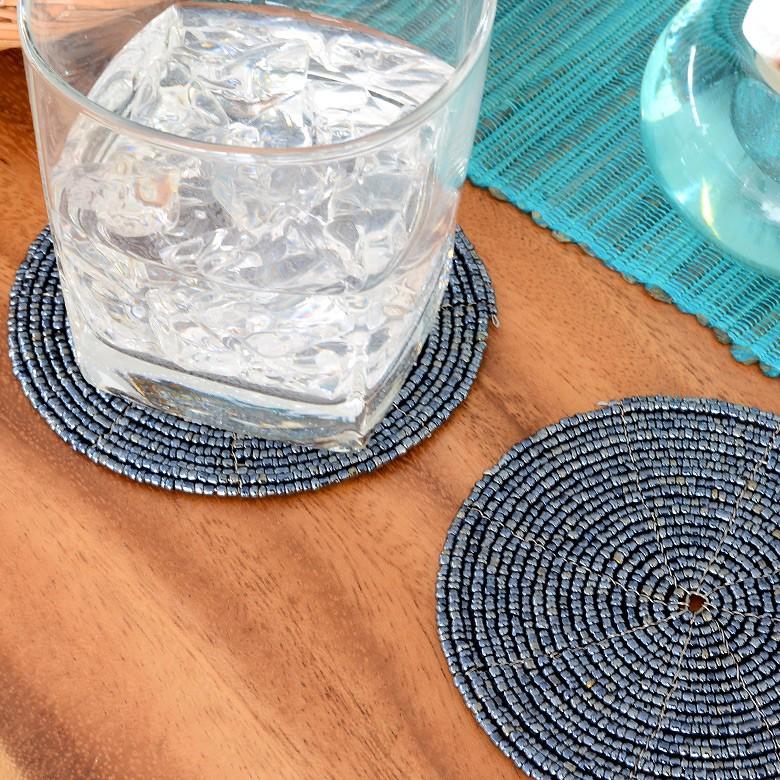 コースター ビーズ おしゃれ 円形 ラウンド 丸 ブルー カフェ 店舗 ホテル 旅館 アジアン雑貨 アジア工房 7423-slv | ブランド登録なし