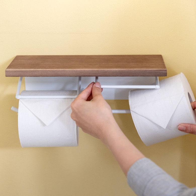 トイレットペーパーホルダー 2連 天板付き 棚付き アイアンハンガー トイレ小物 おしゃれ ペーパーホルダー 天然木 木製 84093 | ELEMENTS（インテリア） | 17